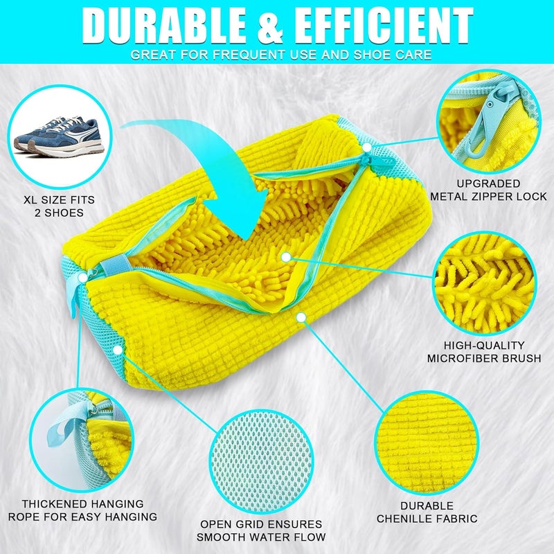 CNEYSID XXL Shoe Washing Machine Bag - 2-Pack Reusable Shoes Cleaning Bags, 360° Deep Clean for Tennis Shoes, Sneakers and Slippers, Includes 2 Shoe Storage Dust Bags (Yellow) - Image 3